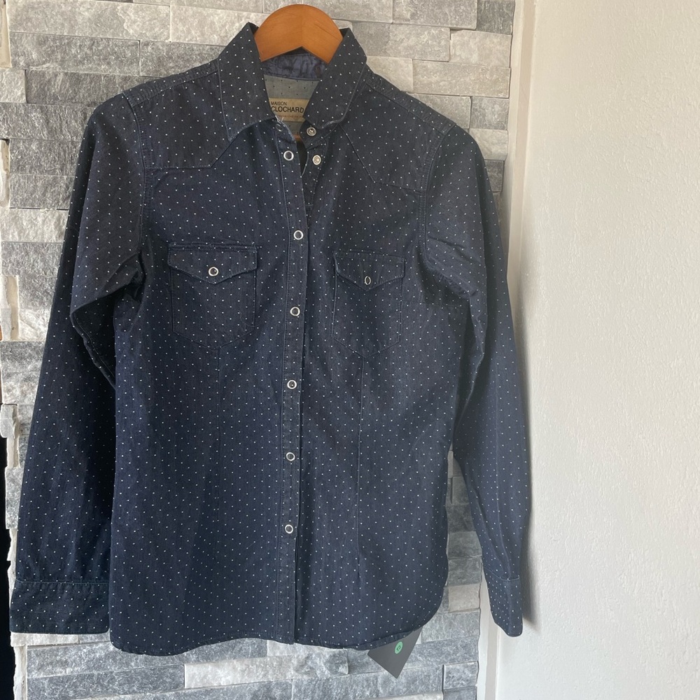 Women MAISON CLOCHARD NWT Long Sleeve Snap Denim Dot Shirt-Blue -Sz Large, US S
